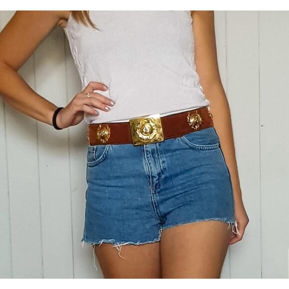 VTG Stephen Collins Leather Brass Statement Belt Tan Gold Size 3 - 33” Long - Picture 2 of 3